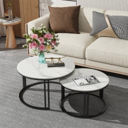 LUVODI Set of 2 Round Nesting Coffee Table White Grey Sofa Side Living Room Center Tea Desk Space-Saving