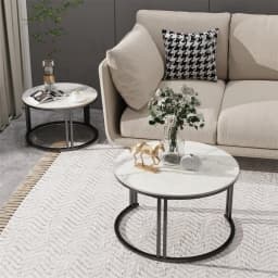 LUVODI Set of 2 Round Nesting Coffee Table White Grey Sofa Side Living Room Center Tea Desk Space-Saving