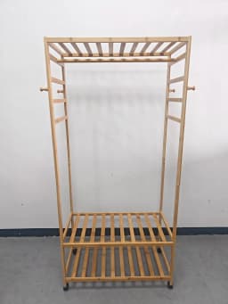 Bamboo Rolling Clothes Rack Open Wardrobe Coat Storage Shelf with 4 Hooks Space-Saving Home Organization