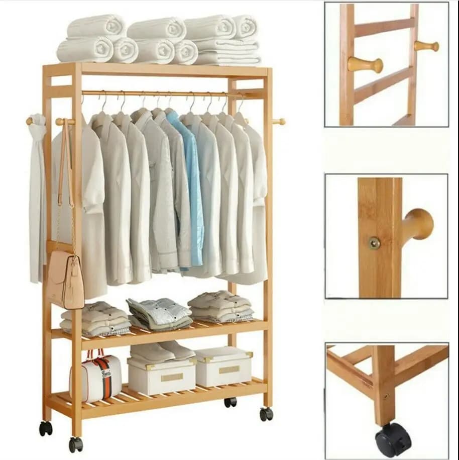 Bamboo Rolling Clothes Rack Open Wardrobe Coat Storage Shelf with 4 Hooks Space-Saving Home Organization