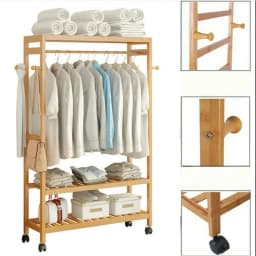Bamboo Rolling Clothes Rack Open Wardrobe Coat Storage Shelf with 4 Hooks Space-Saving Home Organization