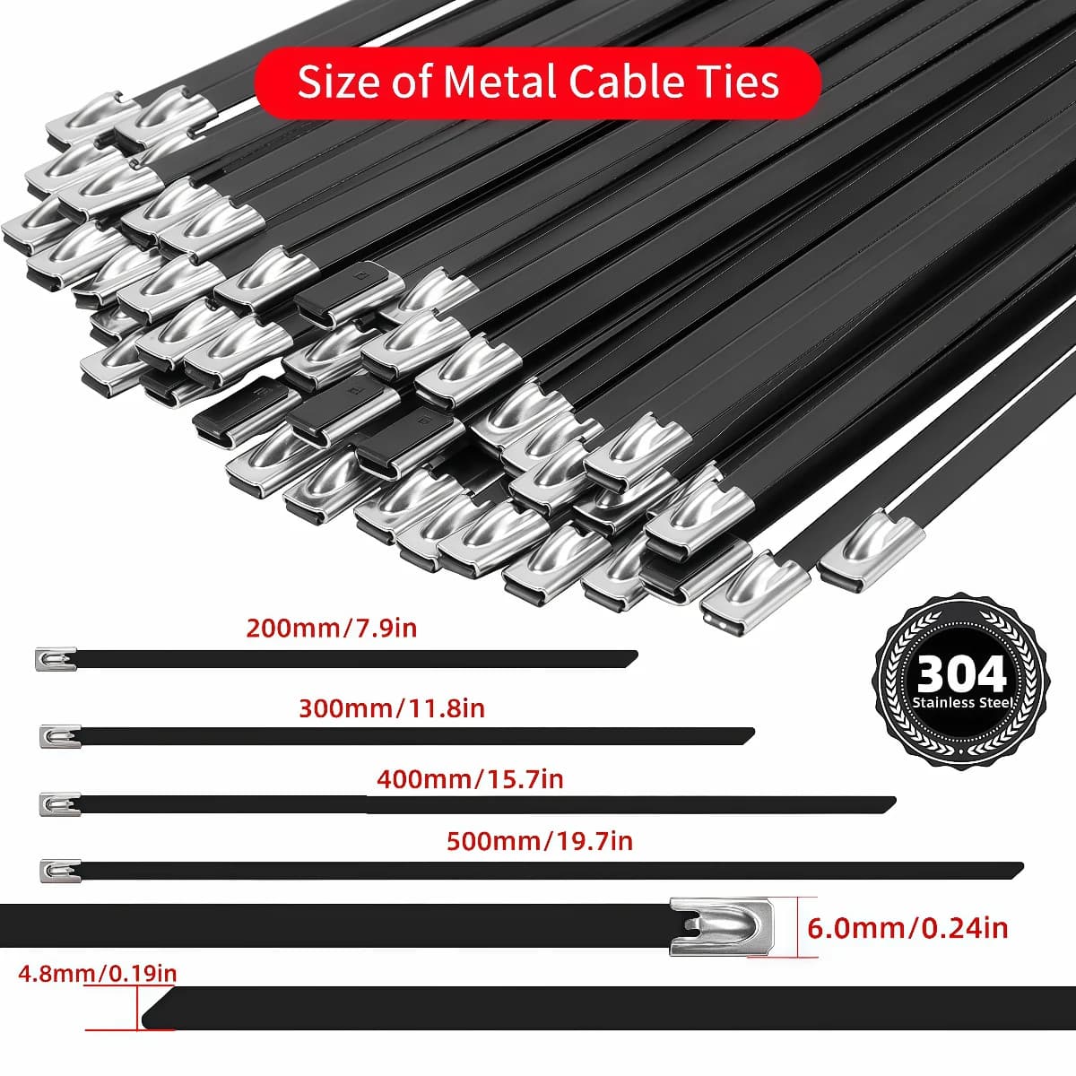 50Pcs Black 304 Stainless Steel Epoxy Coated Self Locking Metal Cable Ties Heavy Duty For Vehicle Farm Pipeline Fence
