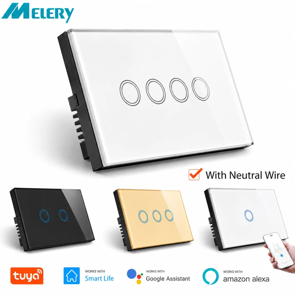 Melery Wall Switch Wifi Smart Life Tuya Light Switches Interruptor Glass Touch Sensor Panel Wireless Voice Remote Control by Alexa Assistant Google Home