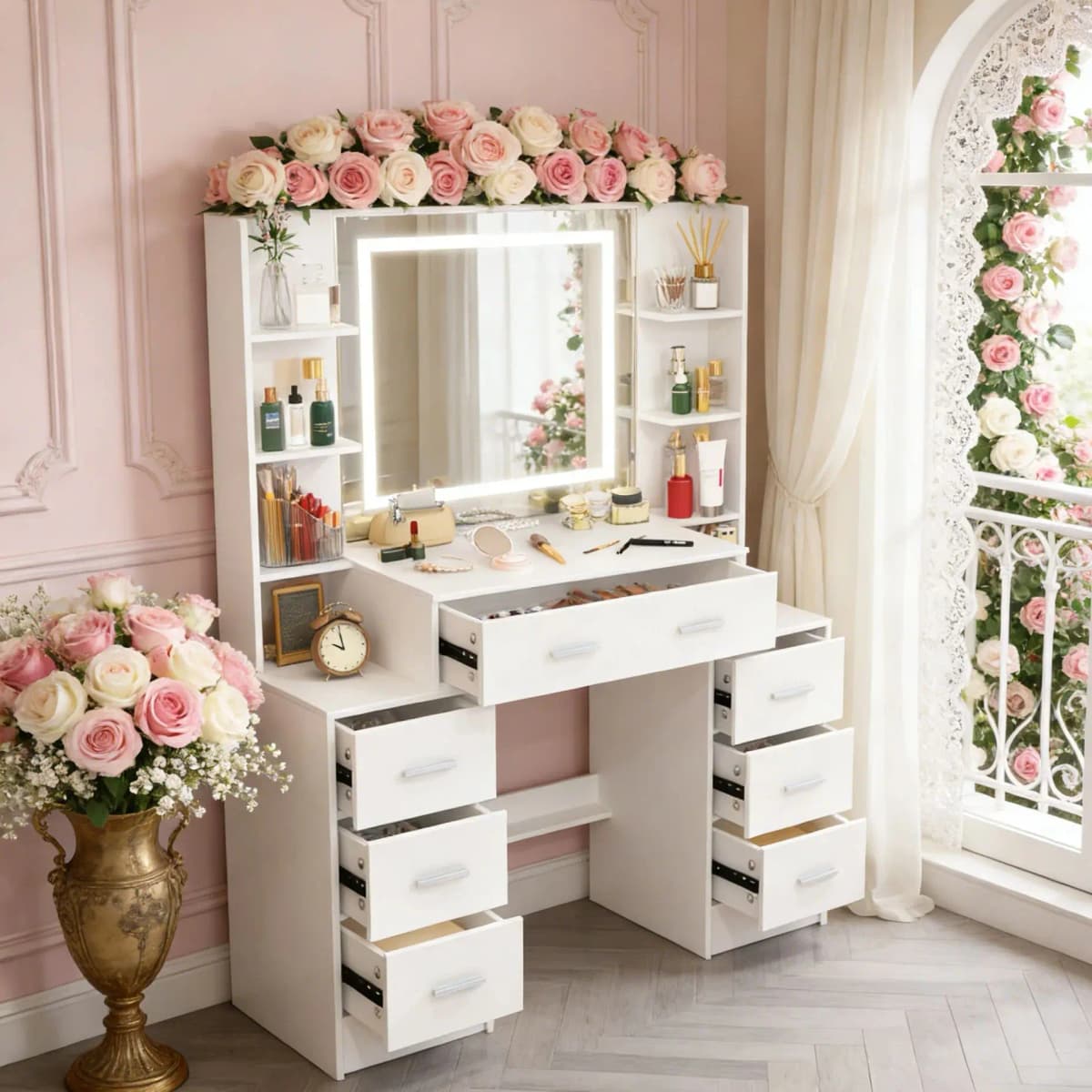 Teousev White Modern Wood Vanity Set with Touch Control Dimmable LED Lighted Mirror 7 Drawers Easy Assembly Bedroom Makeup Desk
