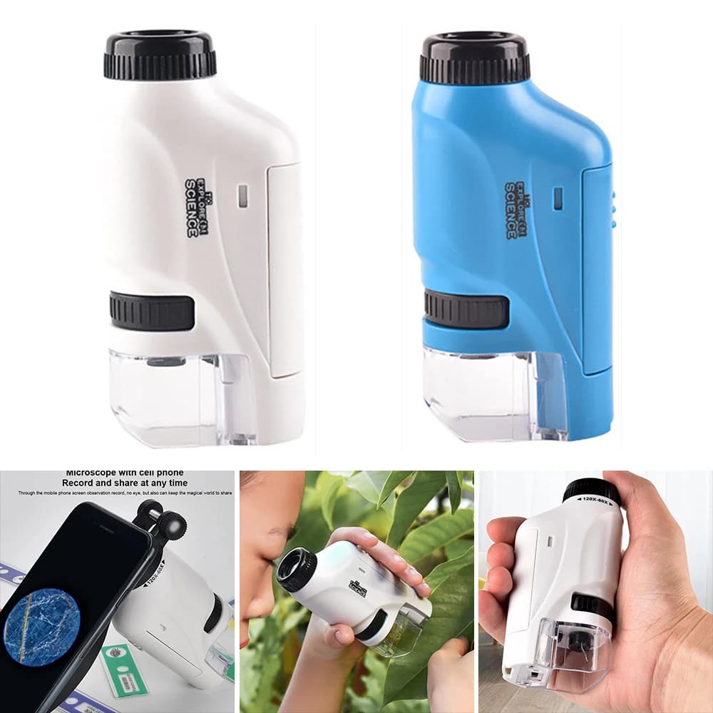 4PCS Mini Pocket Microscope Kit 60X-120X Handheld Microscope with LED Light for Kids