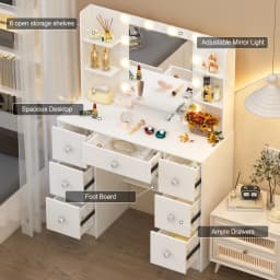 White Large Dressing Table with Dimmable Led Makeup Mirror Vanity Desk, 7 Drawers with Crystal Pulls, Storage Bedroom Furniture