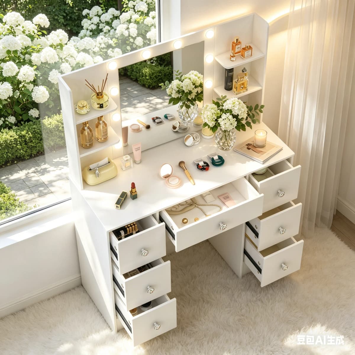 White Large Dressing Table with Dimmable Led Makeup Mirror Vanity Desk, 7 Drawers with Crystal Pulls, Storage Bedroom Furniture