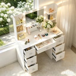 White Large Dressing Table with Dimmable Led Makeup Mirror Vanity Desk, 7 Drawers with Crystal Pulls, Storage Bedroom Furniture