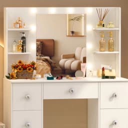 White Large Dressing Table with Dimmable Led Makeup Mirror Vanity Desk, 7 Drawers with Crystal Pulls, Storage Bedroom Furniture