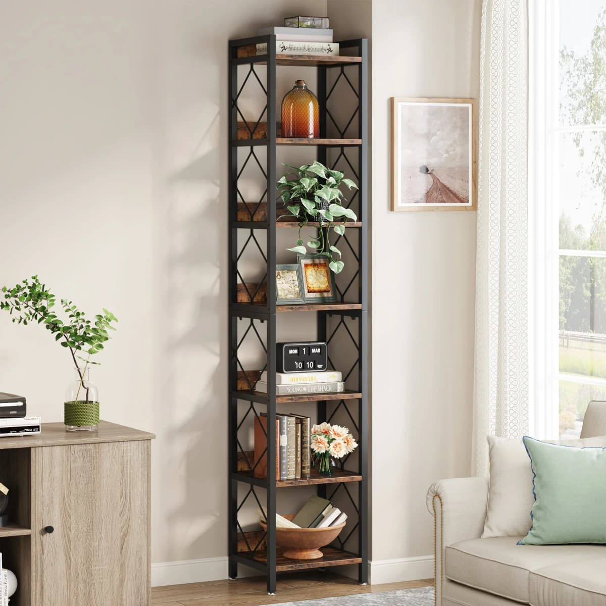 Tribesigns 200 cm Extra Tall Narrow Bookshelf, 7 Tier Skinny Book Shelf for Small Spaces, Freestanding Display Corner Shelf, Mul