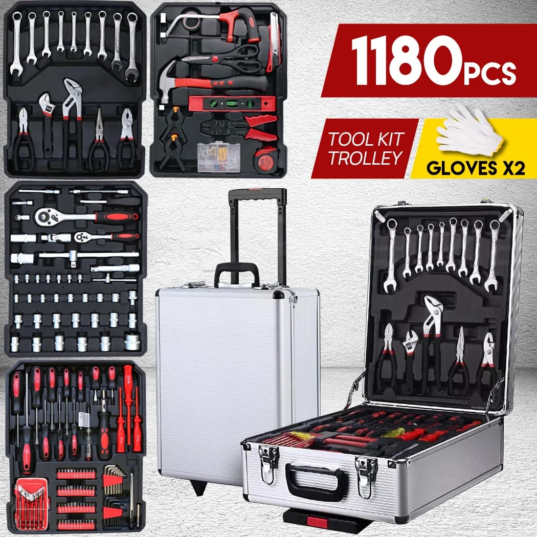 PORIYA Comprehensive 1180pcs Tool Box Trolley Tool Set W/ Wheels Portable Hand Tool Set