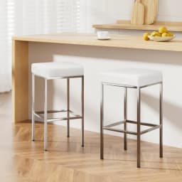2x White Leather Padded Metal Bar Stools Modern Adjustable Counter Stools for Kitchen Dining Room Home Use