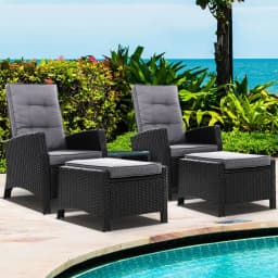 5 Piece Outdoor Wicker Recliner Chair Set with Table Adjustable Sun Lounge Black Furniture
