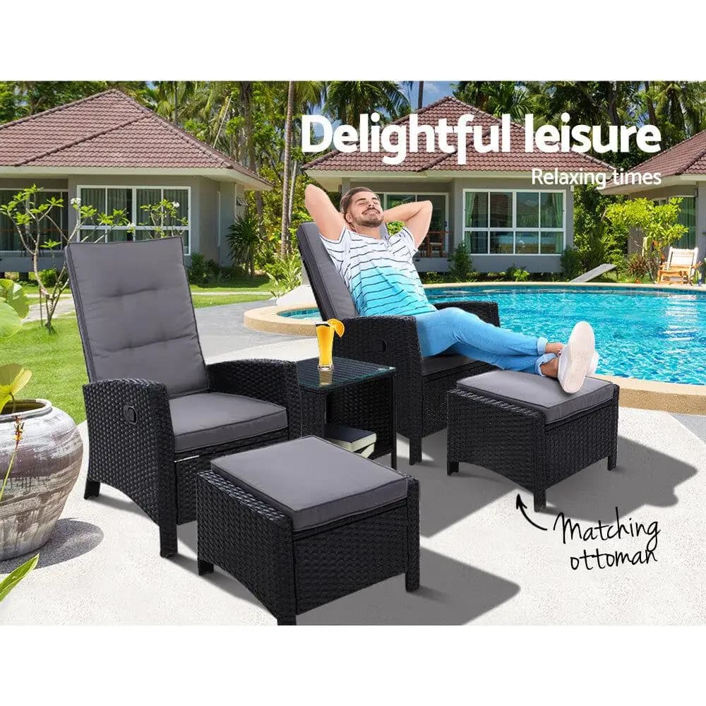5 Piece Outdoor Wicker Recliner Chair Set with Table Adjustable Sun Lounge Black Furniture