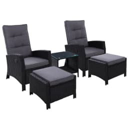 5 Piece Outdoor Wicker Recliner Chair Set with Table Adjustable Sun Lounge Black Furniture