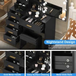 Black Vanity Desk & Stool Set with 10 LED Sliding Mirror 5 Drawers 3 Color Dimmable Easy Assembly Sturdy Frame Dressing Table