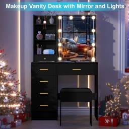 Black Vanity Desk & Stool Set with 10 LED Sliding Mirror 5 Drawers 3 Color Dimmable Easy Assembly Sturdy Frame Dressing Table