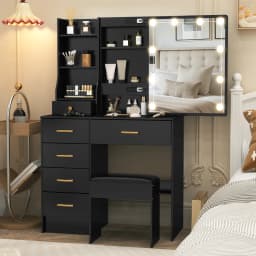 Black Vanity Desk & Stool Set with 10 LED Sliding Mirror 5 Drawers 3 Color Dimmable Easy Assembly Sturdy Frame Dressing Table