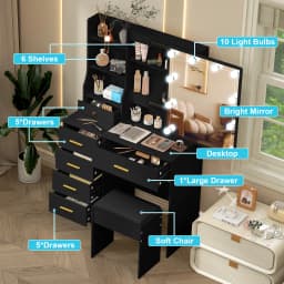 Black Vanity Desk & Stool Set with 10 LED Sliding Mirror 5 Drawers 3 Color Dimmable Easy Assembly Sturdy Frame Dressing Table