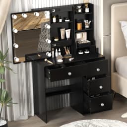Black Vanity Desk Set With LED Lights Mirror 4 Drawers & 3 Shelfs Makeup Table
