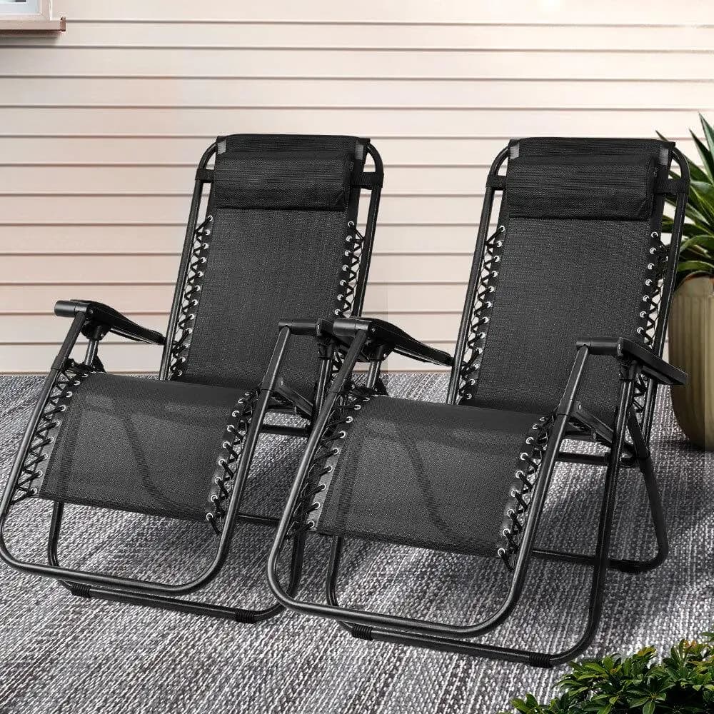 2PC Zero Gravity Folding Lounge Chair Adjustable Outdoor Recliner Sunbed Camping Black Set