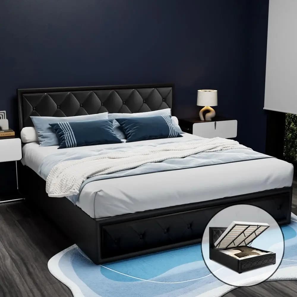 King Size Gas Lift Bed Frame Black Upholstered Storage Platform Bed Modern Durable Bedroom Furniture