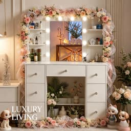 White Large Dressing Table, Dimmable LED Makeup Mirror, 7 Drawers Crystal Pull Design Bedroom Furniture
