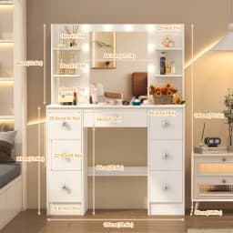 White Large Dressing Table, Dimmable LED Makeup Mirror, 7 Drawers Crystal Pull Design Bedroom Furniture