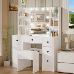 White Vanity Table Set with LED Mirror Drawers & Stool - Sturdy MDF Dressing Makeup Desk, Functional Cosmetic Storage for Bedroo