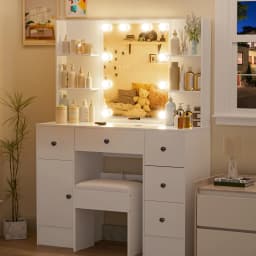 White Vanity Table Set with LED Mirror Drawers & Stool - Sturdy MDF Dressing Makeup Desk, Functional Cosmetic Storage for Bedroo