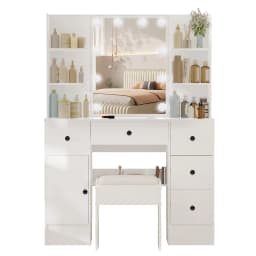White Vanity Table Set with LED Mirror Drawers & Stool - Sturdy MDF Dressing Makeup Desk, Functional Cosmetic Storage for Bedroo