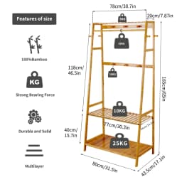 Bamboo Free Standing Clothes Rail Stand Garment Hanging Rack with Storage Shelf And 10 Hooks for Home Organization
