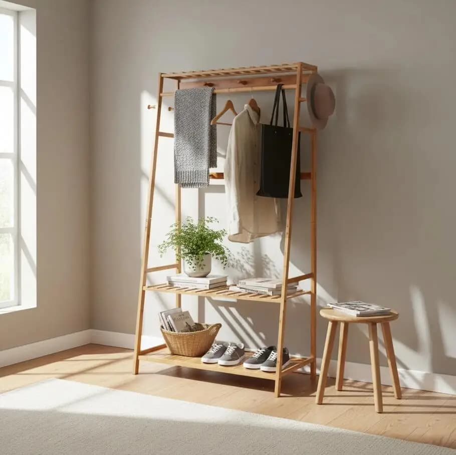Bamboo Free Standing Clothes Rail Stand Garment Hanging Rack with Storage Shelf And 10 Hooks for Home Organization