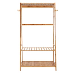 Bamboo Free Standing Clothes Rail Stand Garment Hanging Rack with Storage Shelf And 10 Hooks for Home Organization