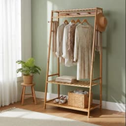 Bamboo Free Standing Clothes Rail Stand Garment Hanging Rack with Storage Shelf And 10 Hooks for Home Organization