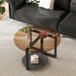 80cm Amber-Tinted Tempered Glass Coffee Table Modern Center Table Side Table with Sintered Stone Tier for Home Office Decor