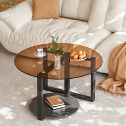 80cm Amber-Tinted Tempered Glass Coffee Table Modern Center Table Side Table with Sintered Stone Tier for Home Office Decor