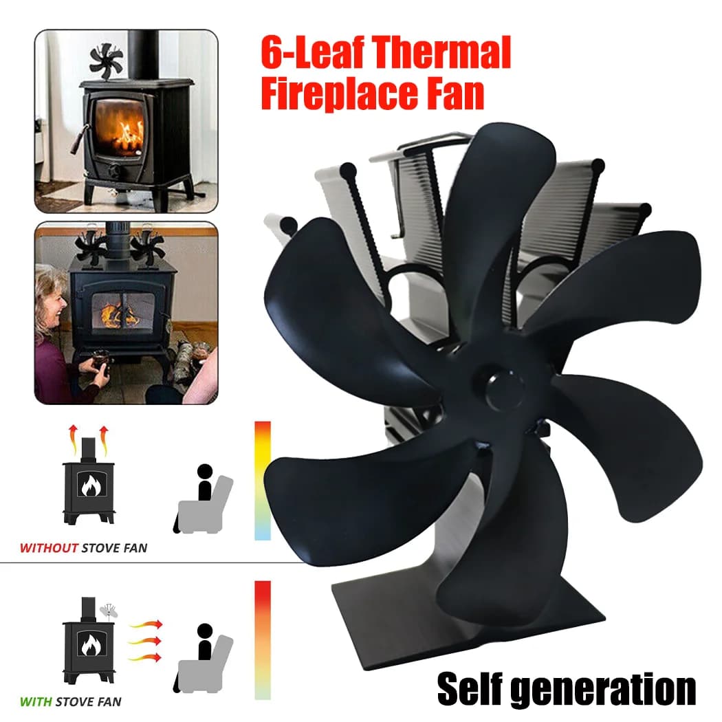 6 Blade Fan Heat Self-Powered Wood Stove Top Burner Fireplace Silent Eco Heater