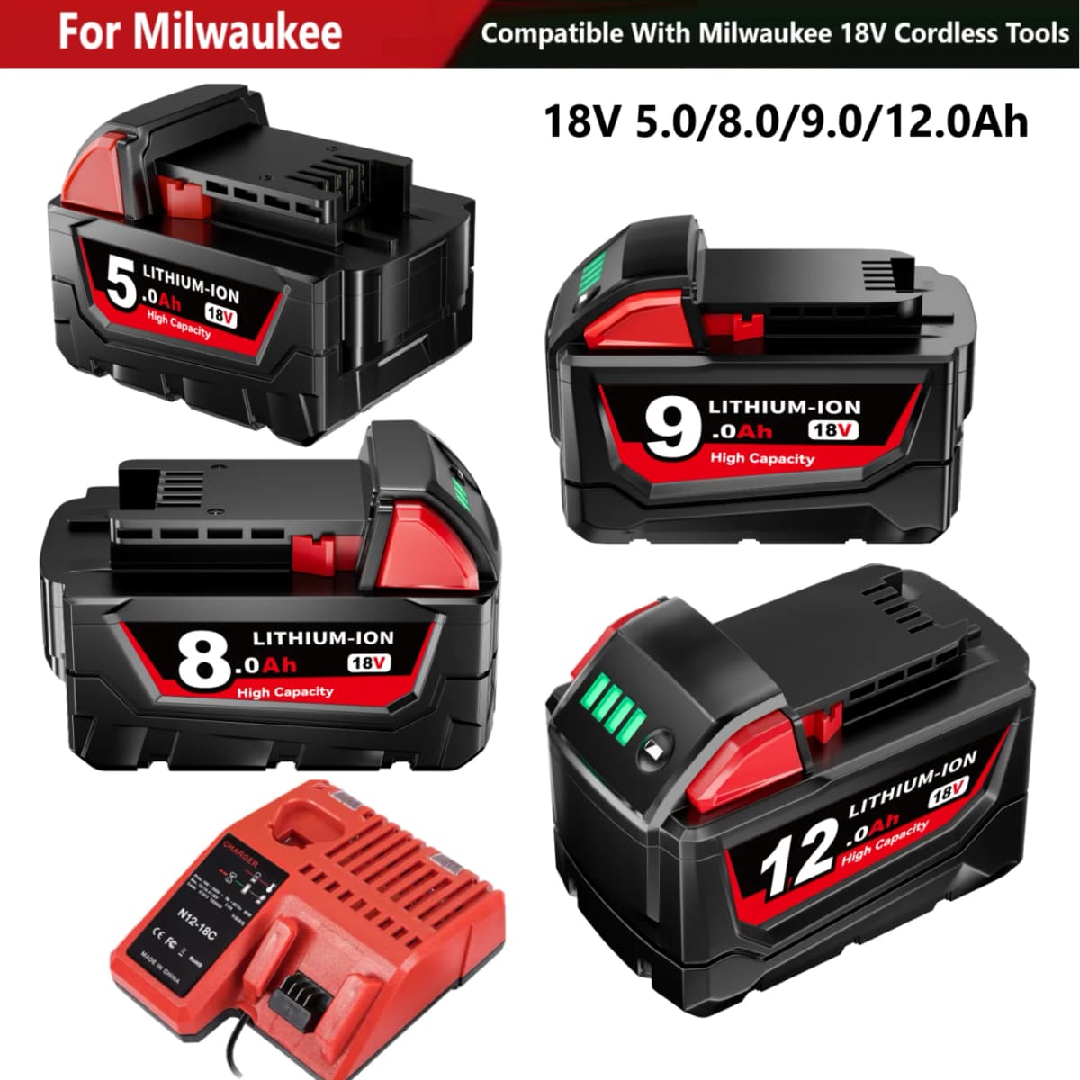 M-18 18V 5/8/9/12Ah Replacement Battery for Milwaukee, Low-Temp Resistant Fast Charge for Cordless Power Tool Battery Pin AU