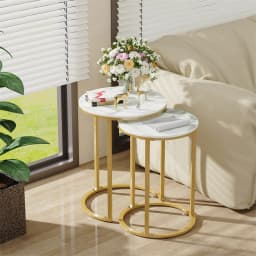 Set of 2 Round Nesting Side Tables 45cm Sintered Stone Tops Gold Metal Frame for Living Room Sofa Side