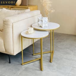 Set of 2 Round Nesting Side Tables 45cm Sintered Stone Tops Gold Metal Frame for Living Room Sofa Side