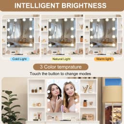 Vanity Desk Set w/ LED Lights Mirror Makeup Dressing Table and Stool 10 Shelves