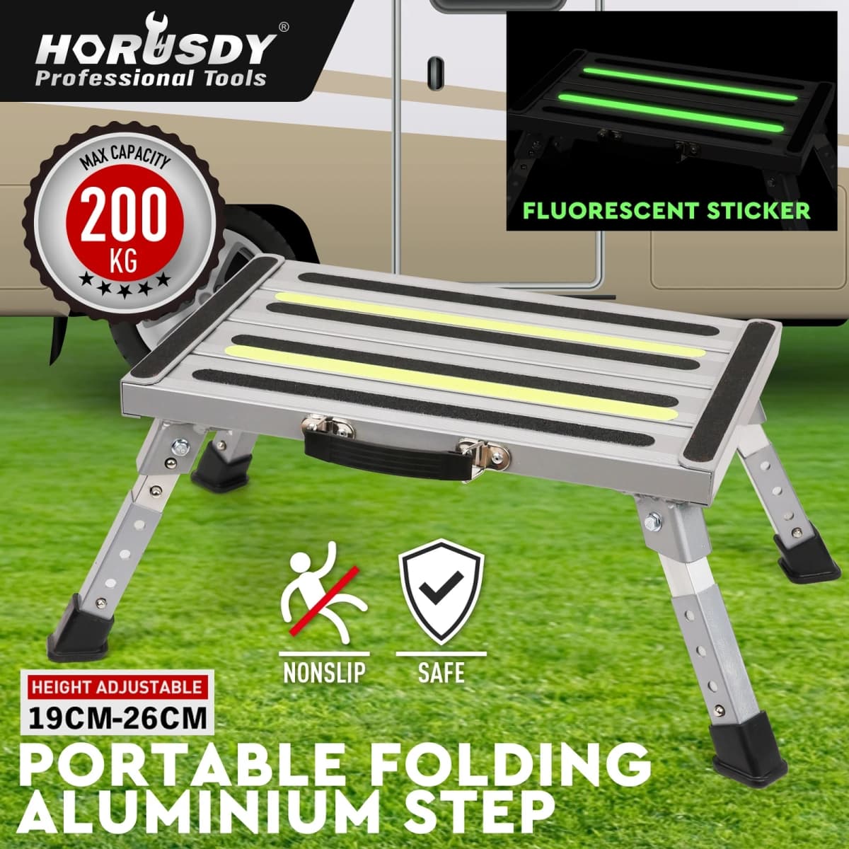 HORUSDY Telescopic Folding Step Stool Aluminium Step Adjustable Hight Platform Caravan 200KG