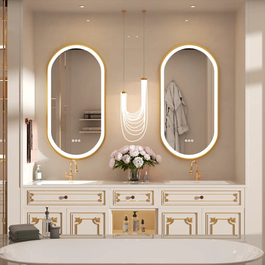 Oval Smart Mirror - LED Illuminated Vanity Bathroom Full Body Mirror with Anti-Fog, Gold Aluminum Frame