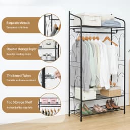 Heavy Duty Metal Garment Rack Stand - Freestanding Shoe And Clothes Storage with Shelves - Horizontal Hanging Rail