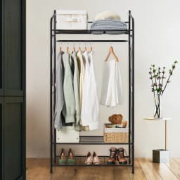 Heavy Duty Metal Garment Rack Stand - Freestanding Shoe And Clothes Storage with Shelves - Horizontal Hanging Rail