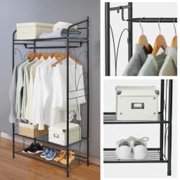 Heavy Duty Metal Garment Rack Stand - Freestanding Shoe And Clothes Storage with Shelves - Horizontal Hanging Rail