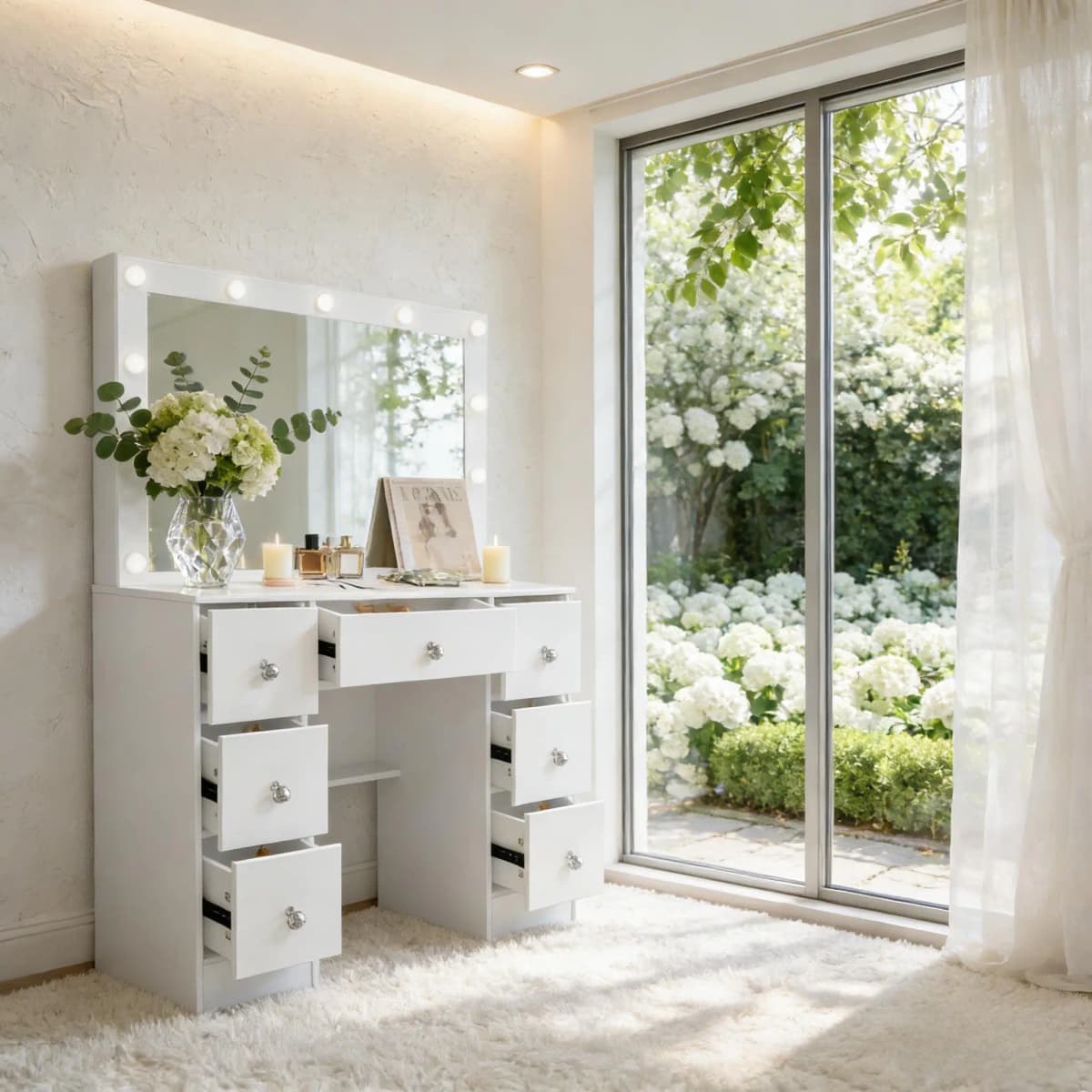 White Vanity Set with 11 Led Bulbs Lighted Mirror for Women, 6 Drawers, 3 Color Dimmable, Easy Assembly Bedroom Furniture