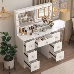 White Vanity Set with 11 Led Bulbs Lighted Mirror for Women, 6 Drawers, 3 Color Dimmable, Easy Assembly Bedroom Furniture
