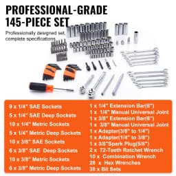 SucceBuy Mechanics Tool Set and Socket Set Deep and Standard Sockets 145 Pcs SAE and Metric Mechanic Tool Kit with Bits